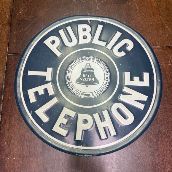 Bell System Public Telephone Sign 12 Inch Blue Embossed Metal AAA Sign Co
